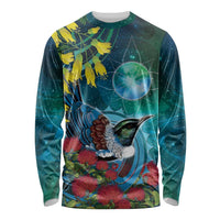 New Zealand Tui Bird Long Sleeve Shirt Maori Koru With Pohutukawa Galaxy Style LT05 Unisex Blue - Polynesian Pride