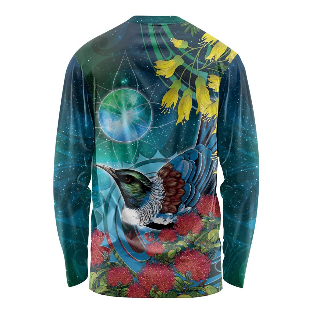 New Zealand Tui Bird Long Sleeve Shirt Maori Koru With Pohutukawa Galaxy Style LT05 - Polynesian Pride