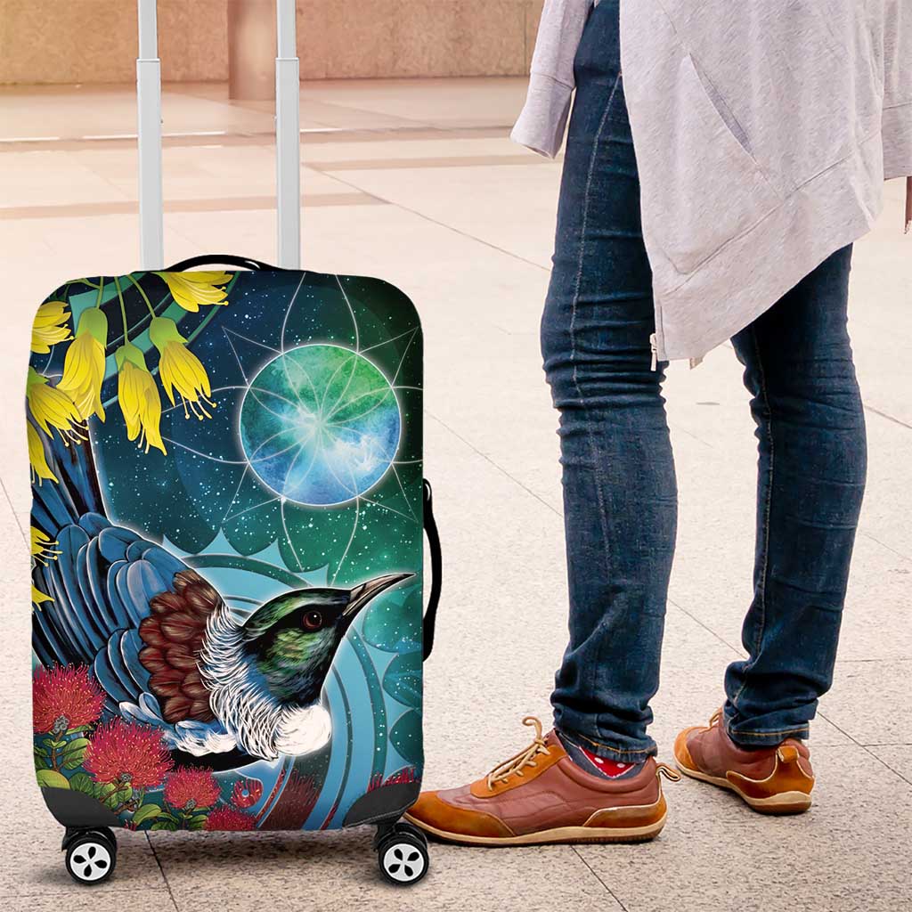 New Zealand Tui Bird Luggage Cover Maori Koru With Pohutukawa Galaxy Style - Polynesian Pride