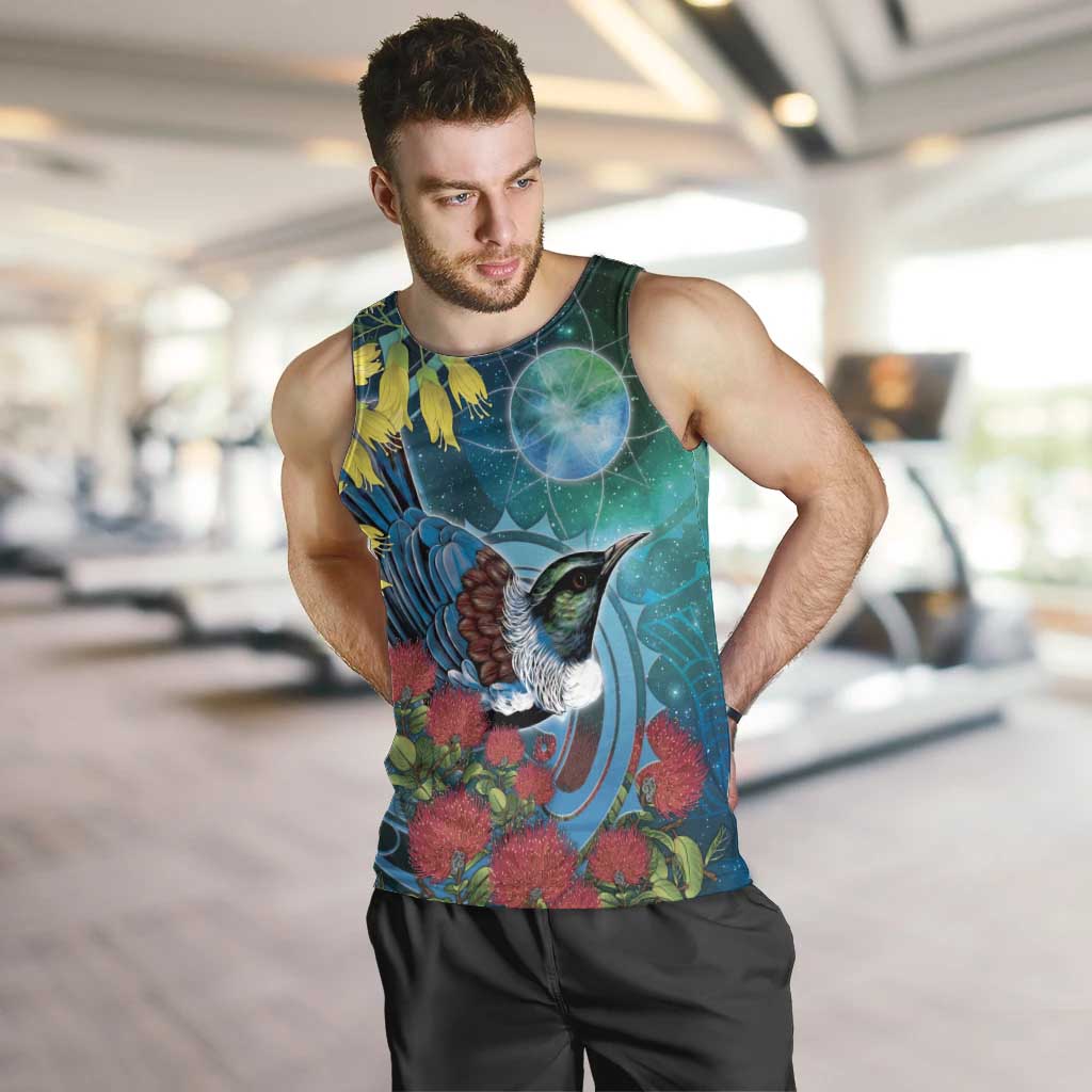 New Zealand Tui Bird Men Tank Top Maori Koru With Pohutukawa Galaxy Style LT05 Blue - Polynesian Pride