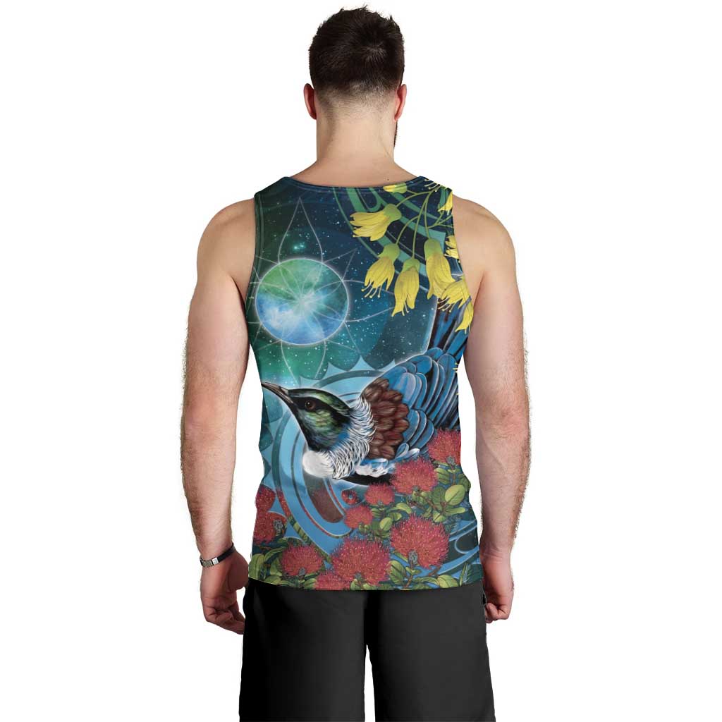 New Zealand Tui Bird Men Tank Top Maori Koru With Pohutukawa Galaxy Style LT05 - Polynesian Pride