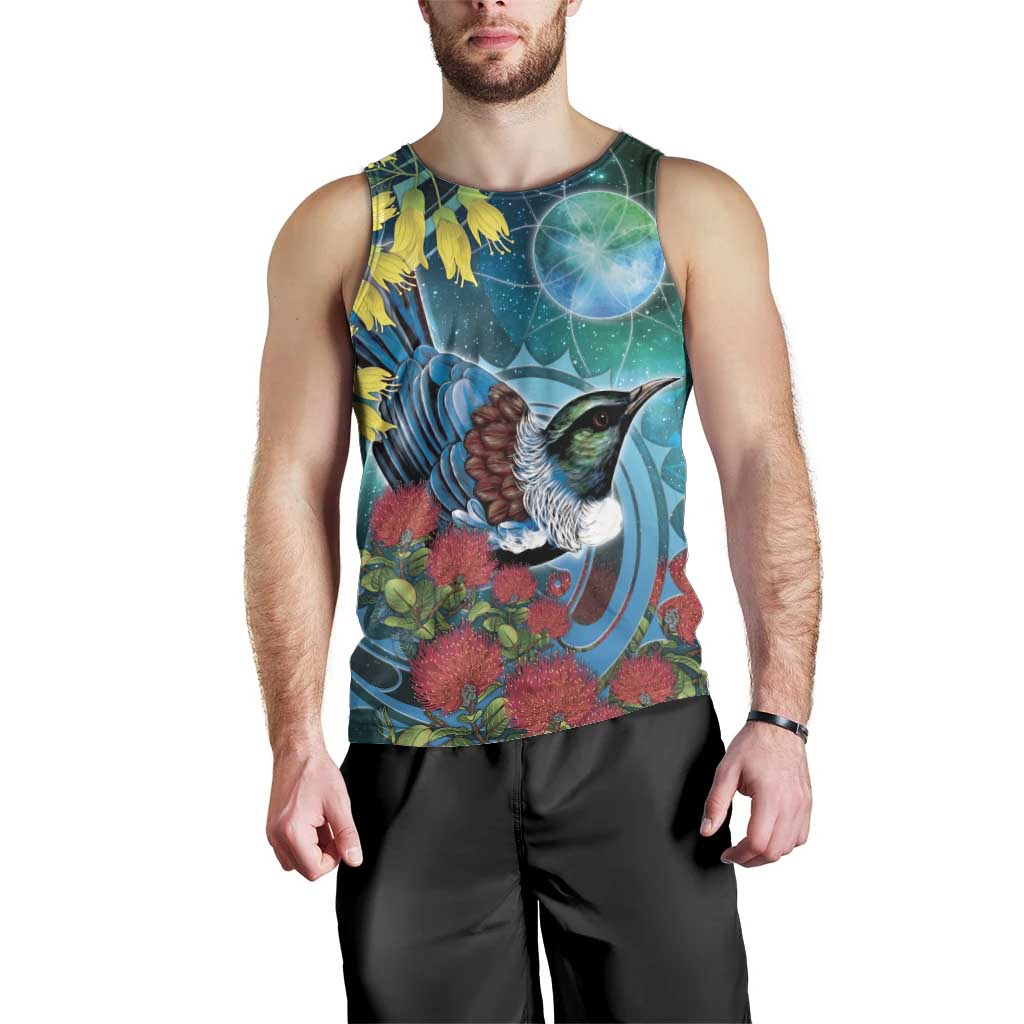 New Zealand Tui Bird Men Tank Top Maori Koru With Pohutukawa Galaxy Style LT05 - Polynesian Pride