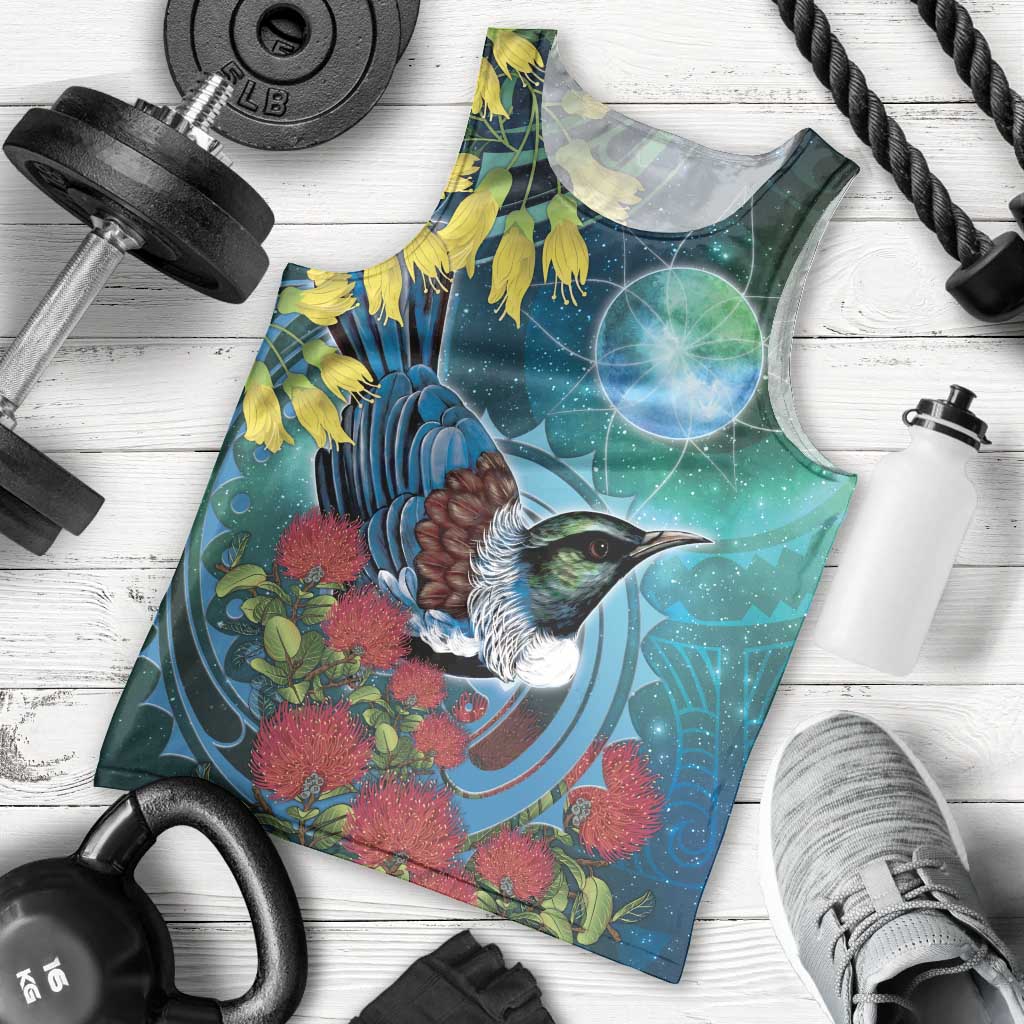 New Zealand Tui Bird Men Tank Top Maori Koru With Pohutukawa Galaxy Style LT05 - Polynesian Pride
