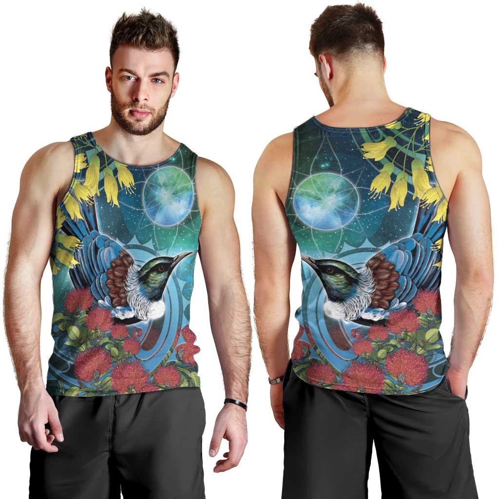 New Zealand Tui Bird Men Tank Top Maori Koru With Pohutukawa Galaxy Style LT05 - Polynesian Pride