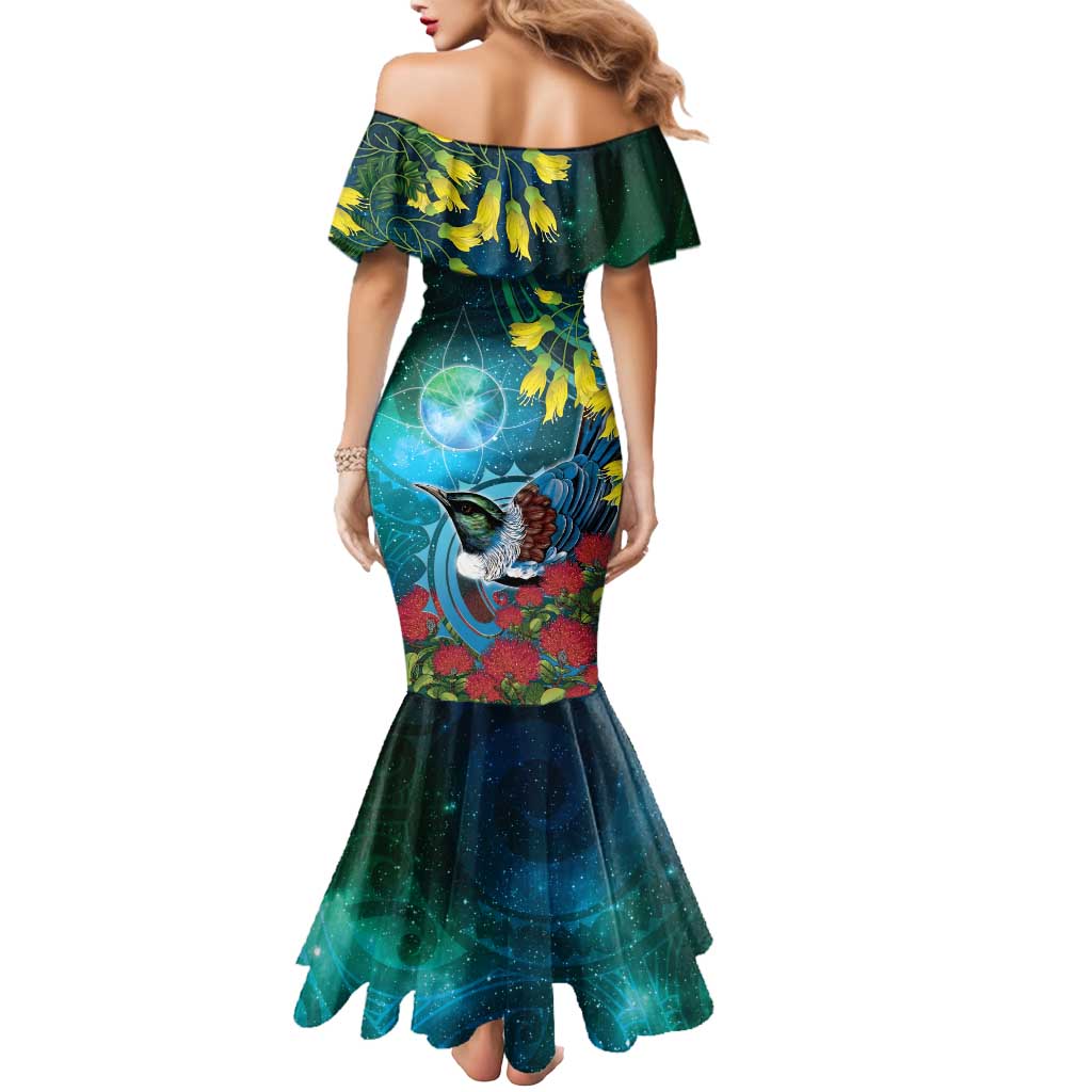 New Zealand Tui Bird Mermaid Dress Maori Koru With Pohutukawa Galaxy Style LT05 - Polynesian Pride