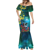 New Zealand Tui Bird Mermaid Dress Maori Koru With Pohutukawa Galaxy Style LT05 - Polynesian Pride