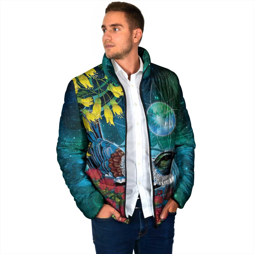 New Zealand Tui Bird Padded Jacket Maori Koru With Pohutukawa Galaxy Style - Polynesian Pride