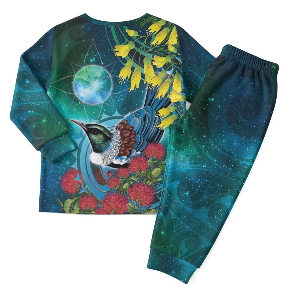 New Zealand Tui Bird Christmas Pajama Set Maori Koru With Pohutukawa Galaxy Style LT05 - Polynesian Pride
