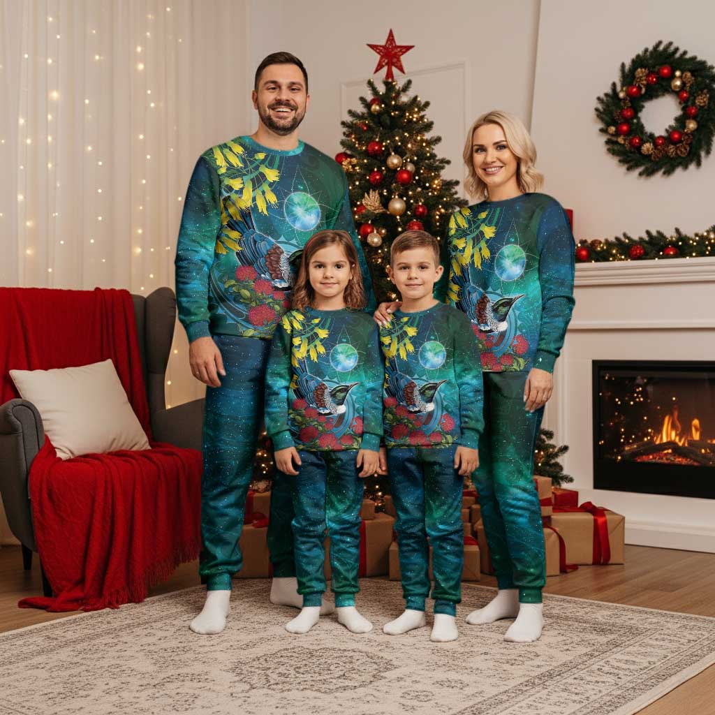New Zealand Tui Bird Christmas Pajama Set Maori Koru With Pohutukawa Galaxy Style LT05 - Polynesian Pride