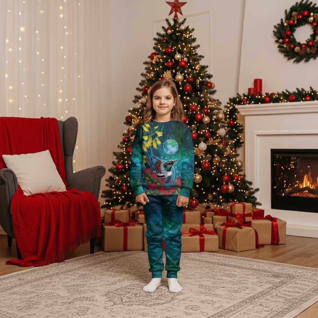 New Zealand Tui Bird Christmas Pajama Set Maori Koru With Pohutukawa Galaxy Style LT05 Kid Blue - Polynesian Pride