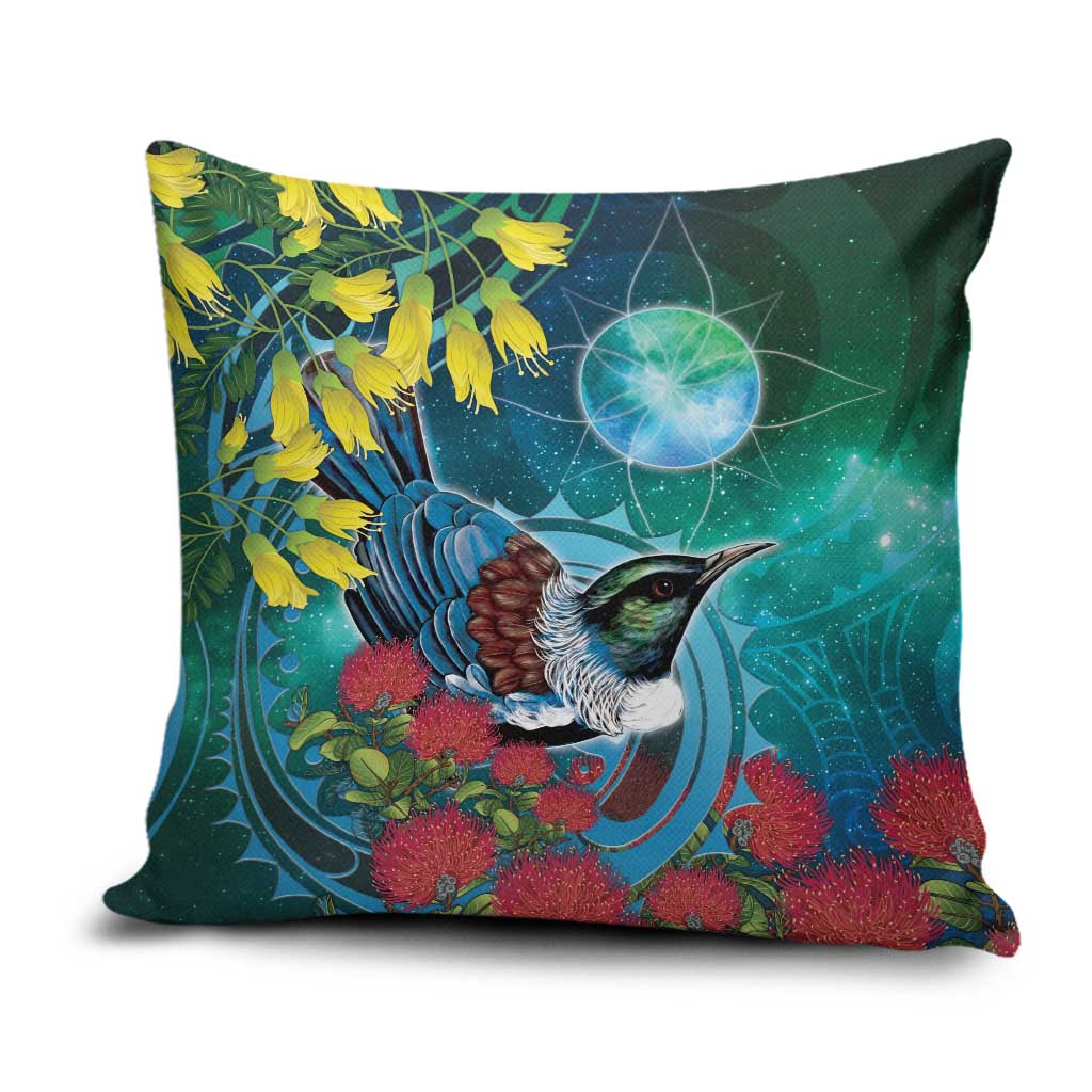 New Zealand Tui Bird Pillow Cover Maori Koru With Pohutukawa Galaxy Style LT05 Blue - Polynesian Pride