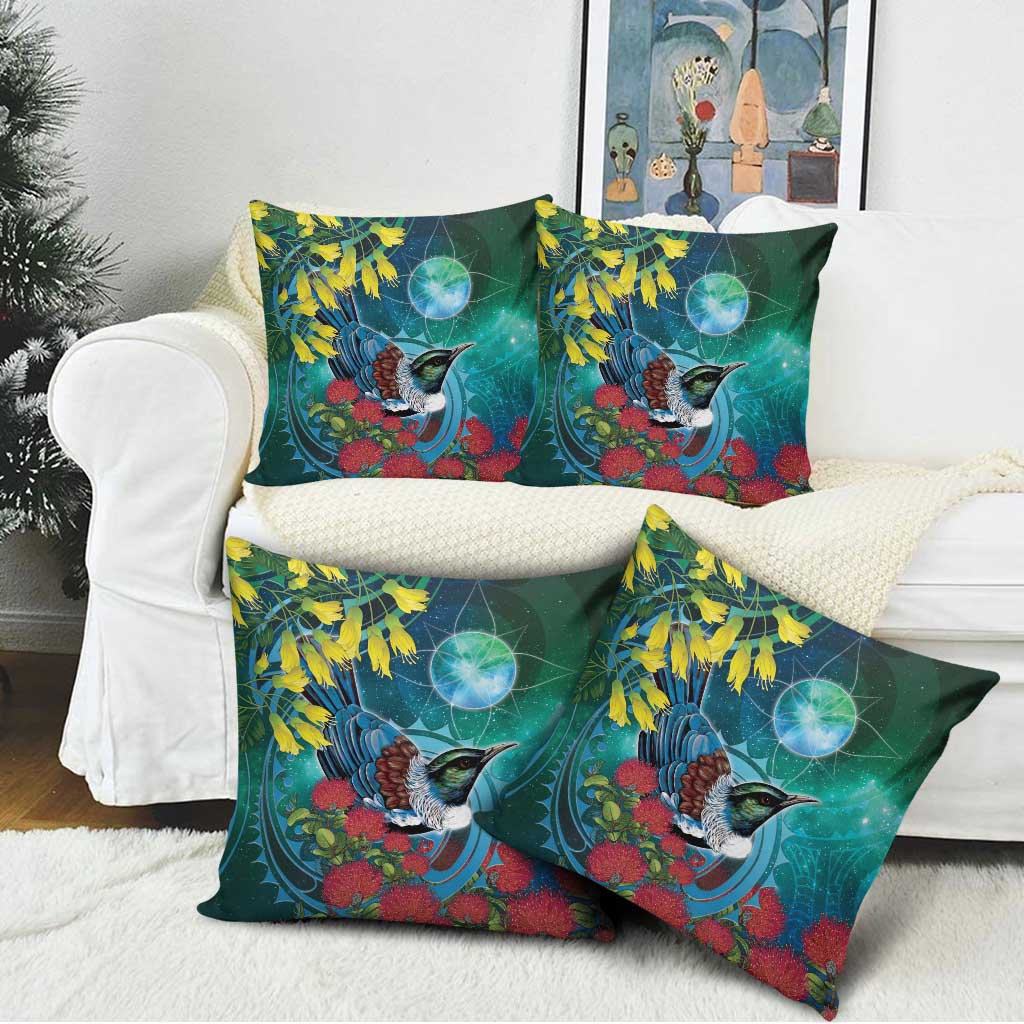 New Zealand Tui Bird Pillow Cover Maori Koru With Pohutukawa Galaxy Style LT05 - Polynesian Pride