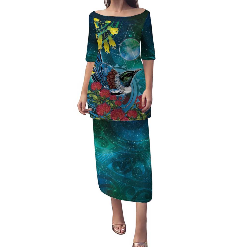 New Zealand Tui Bird Puletasi Maori Koru With Pohutukawa Galaxy Style LT05 Long Dress Blue - Polynesian Pride