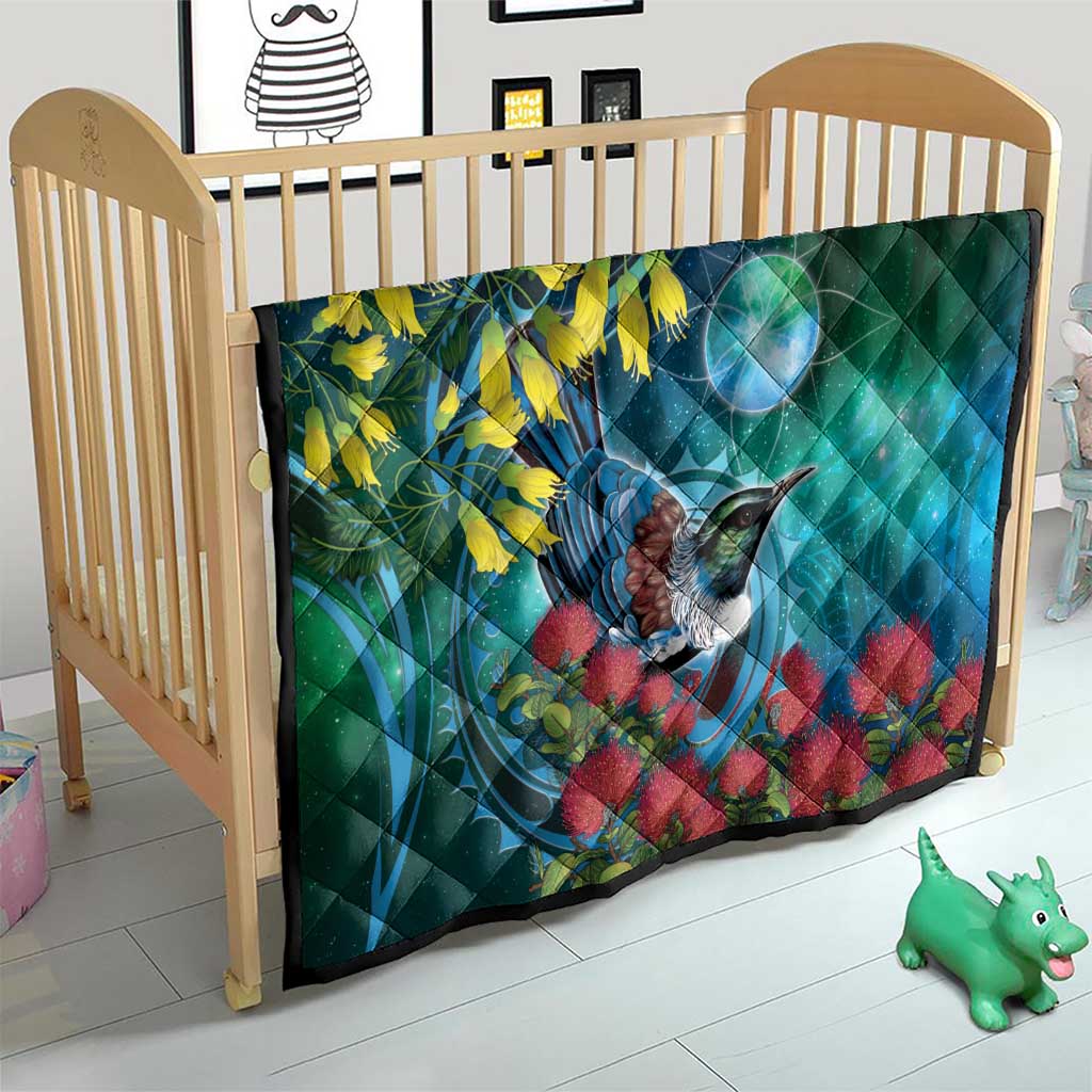 New Zealand Tui Bird Quilt Maori Koru With Pohutukawa Galaxy Style - Polynesian Pride