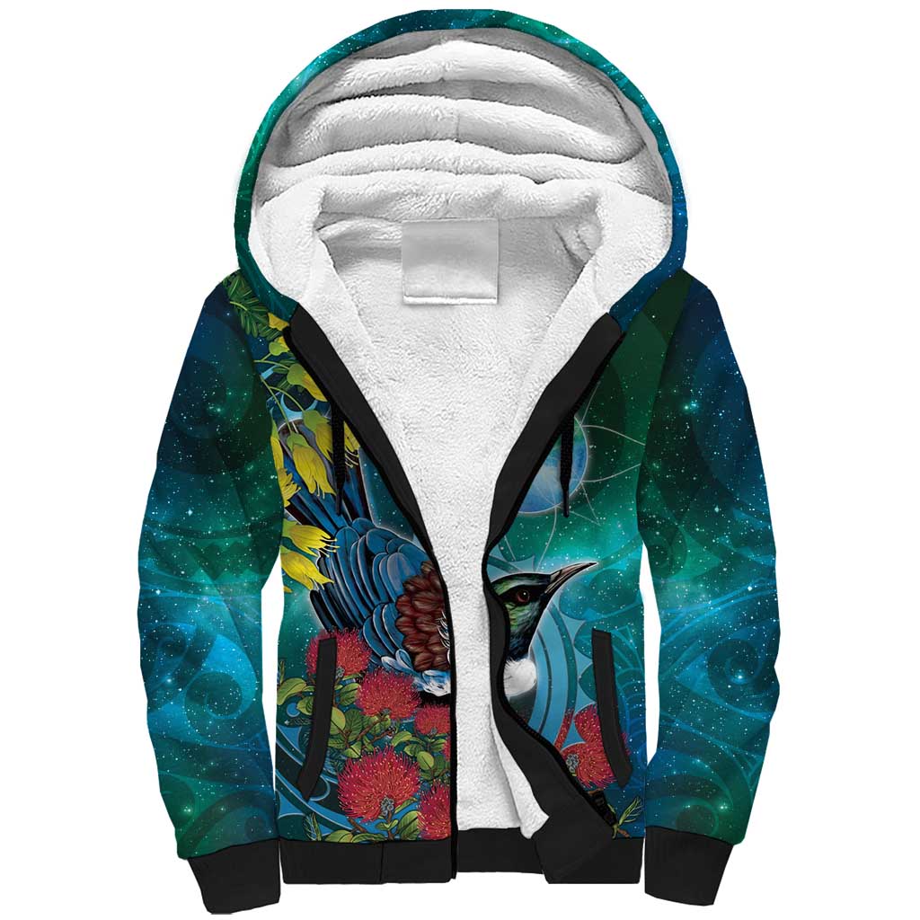 New Zealand Tui Bird Sherpa Hoodie Maori Koru With Pohutukawa Galaxy Style LT05 Unisex Blue - Polynesian Pride