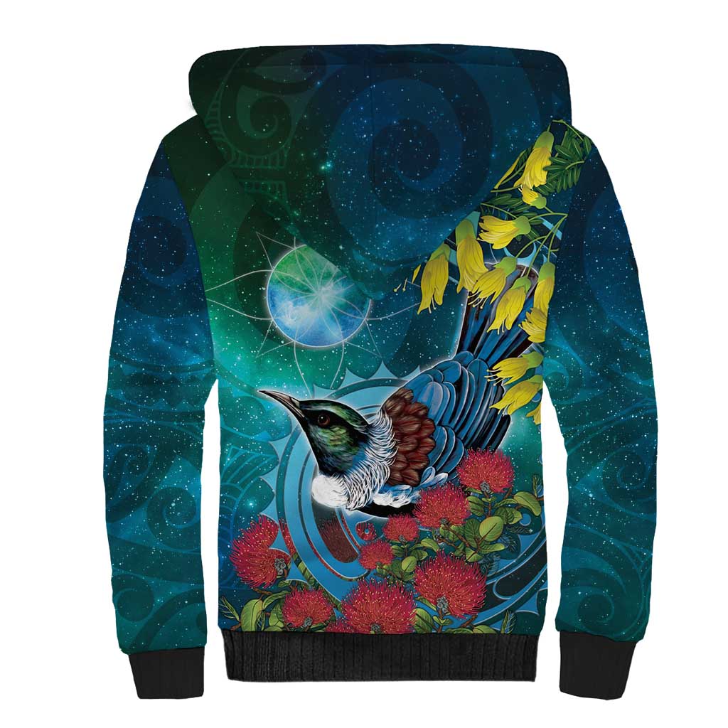 New Zealand Tui Bird Sherpa Hoodie Maori Koru With Pohutukawa Galaxy Style LT05 - Polynesian Pride