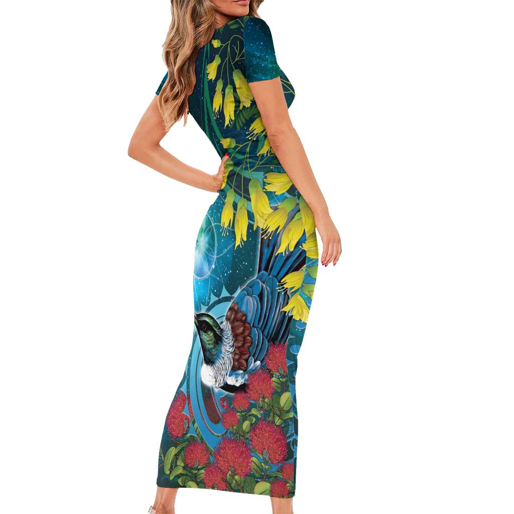 New Zealand Tui Bird Short Sleeve Bodycon Dress Maori Koru With Pohutukawa Galaxy Style LT05 - Polynesian Pride