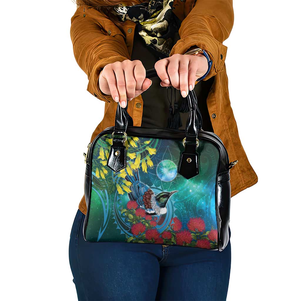 New Zealand Tui Bird Shoulder Handbag Maori Koru With Pohutukawa Galaxy Style - Polynesian Pride