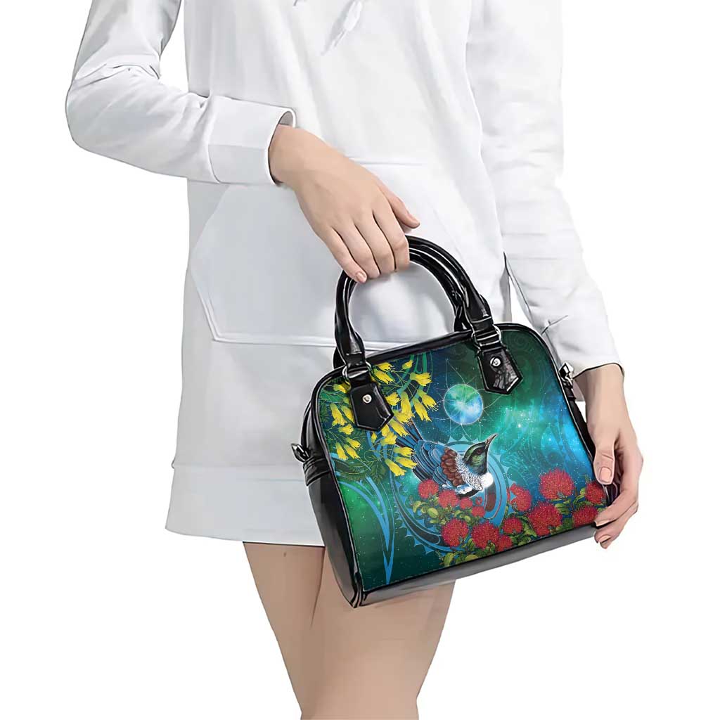 New Zealand Tui Bird Shoulder Handbag Maori Koru With Pohutukawa Galaxy Style - Polynesian Pride