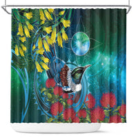 New Zealand Tui Bird Shower Curtain Maori Koru With Pohutukawa Galaxy Style LT05 Blue - Polynesian Pride