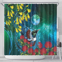 New Zealand Tui Bird Shower Curtain Maori Koru With Pohutukawa Galaxy Style LT05 - Polynesian Pride
