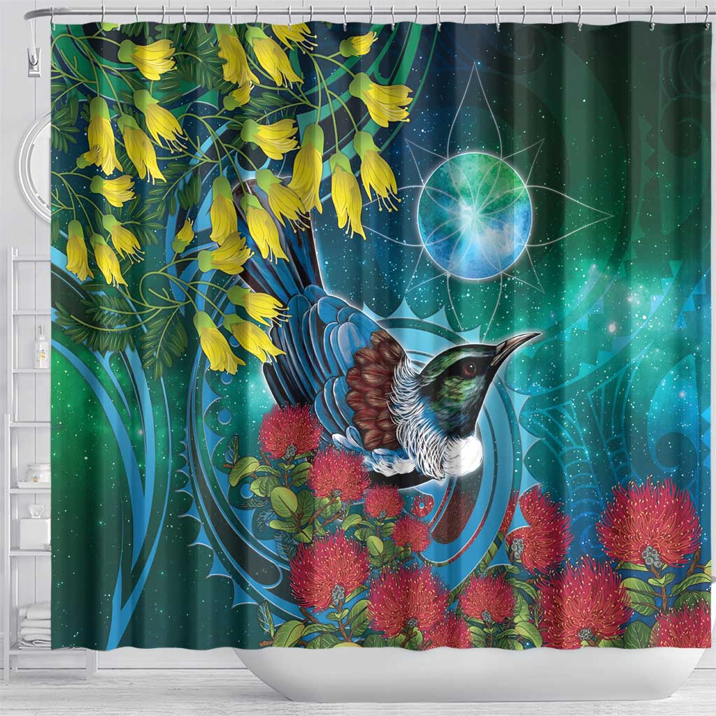 New Zealand Tui Bird Shower Curtain Maori Koru With Pohutukawa Galaxy Style LT05 - Polynesian Pride