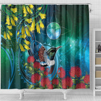 New Zealand Tui Bird Shower Curtain Maori Koru With Pohutukawa Galaxy Style LT05 - Polynesian Pride