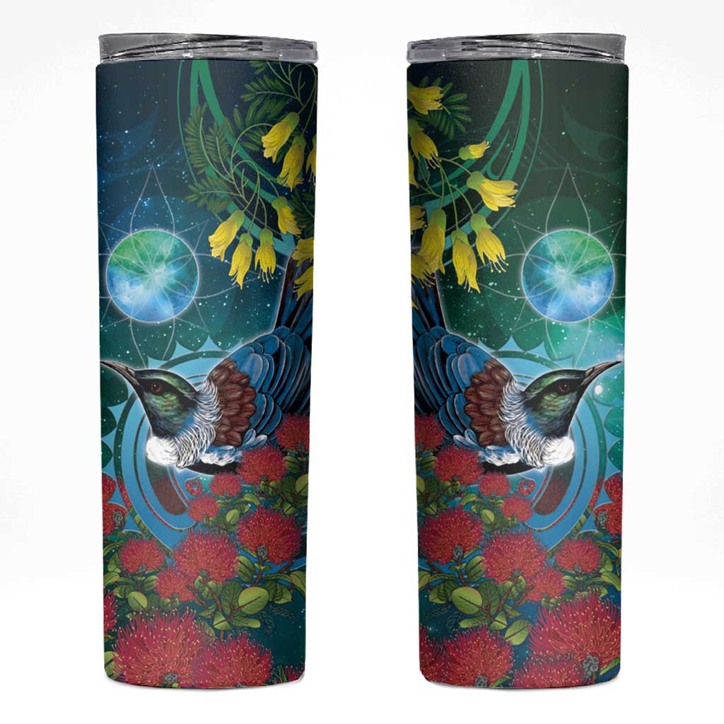 New Zealand Tui Bird Skinny Tumbler Maori Koru With Pohutukawa Galaxy Style LT05 Blue - Polynesian Pride