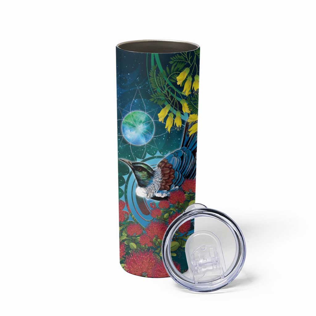 New Zealand Tui Bird Skinny Tumbler Maori Koru With Pohutukawa Galaxy Style LT05 - Polynesian Pride