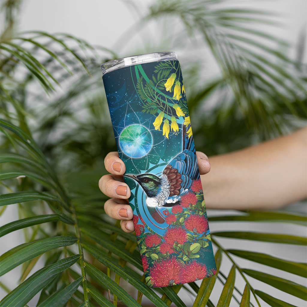 New Zealand Tui Bird Skinny Tumbler Maori Koru With Pohutukawa Galaxy Style LT05 - Polynesian Pride