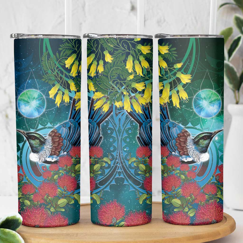 New Zealand Tui Bird Skinny Tumbler Maori Koru With Pohutukawa Galaxy Style LT05 - Polynesian Pride
