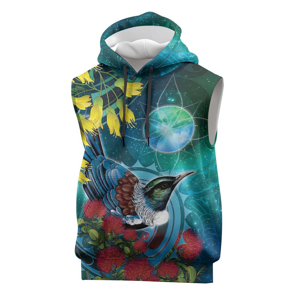 New Zealand Tui Bird Sleeveless Hoodie Maori Koru With Pohutukawa Galaxy Style LT05 Blue - Polynesian Pride