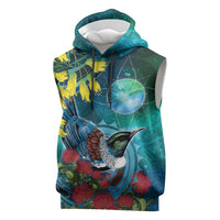 New Zealand Tui Bird Sleeveless Hoodie Maori Koru With Pohutukawa Galaxy Style LT05 Blue - Polynesian Pride