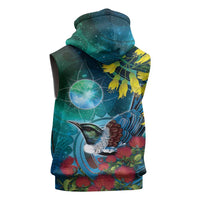 New Zealand Tui Bird Sleeveless Hoodie Maori Koru With Pohutukawa Galaxy Style LT05 - Polynesian Pride