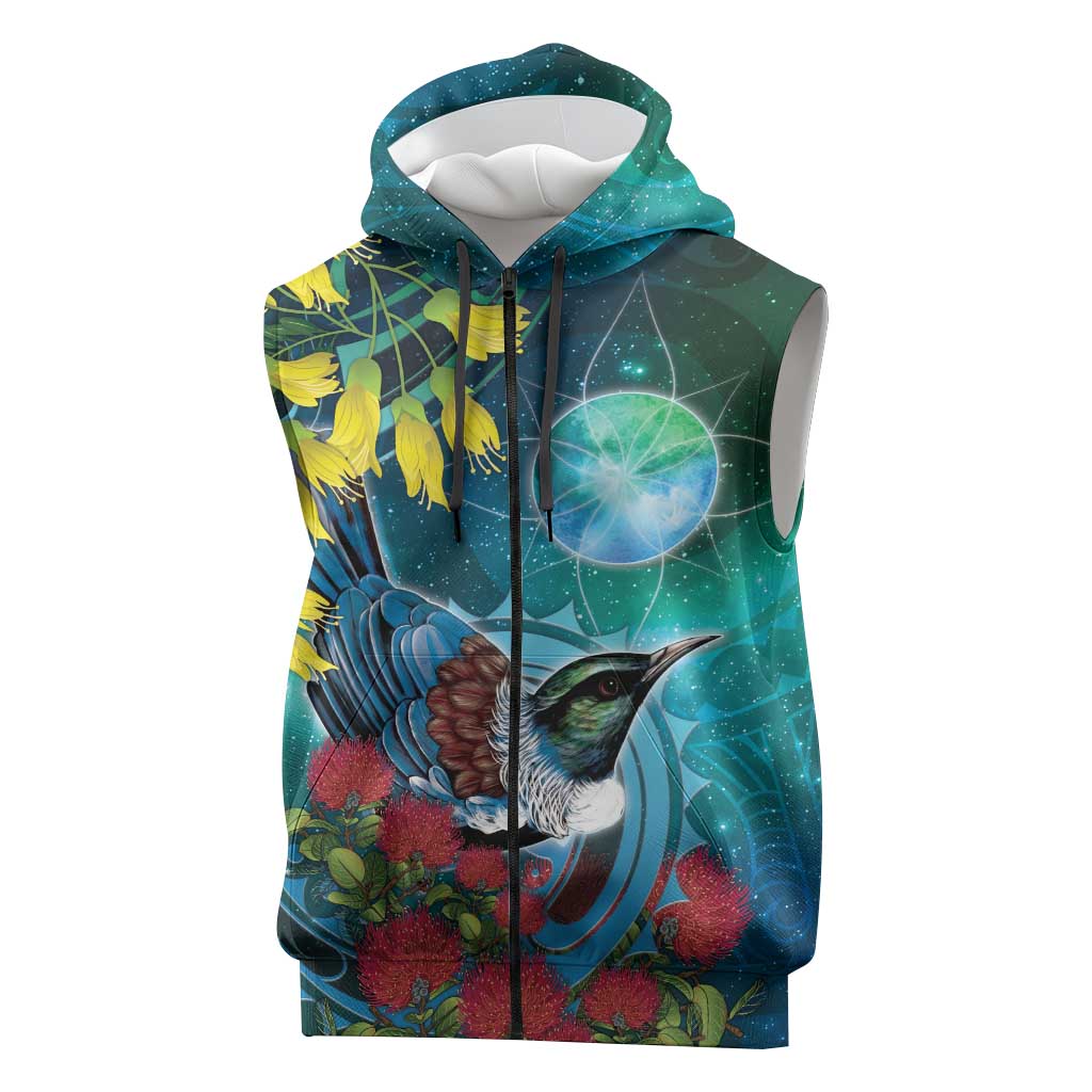 New Zealand Tui Bird Sleeveless Zip Hoodie Maori Koru With Pohutukawa Galaxy Style LT05 Blue - Polynesian Pride