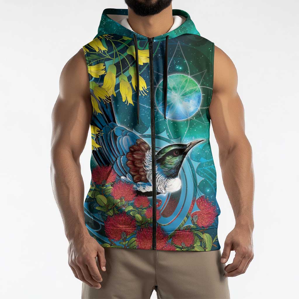 New Zealand Tui Bird Sleeveless Zip Hoodie Maori Koru With Pohutukawa Galaxy Style LT05 - Polynesian Pride