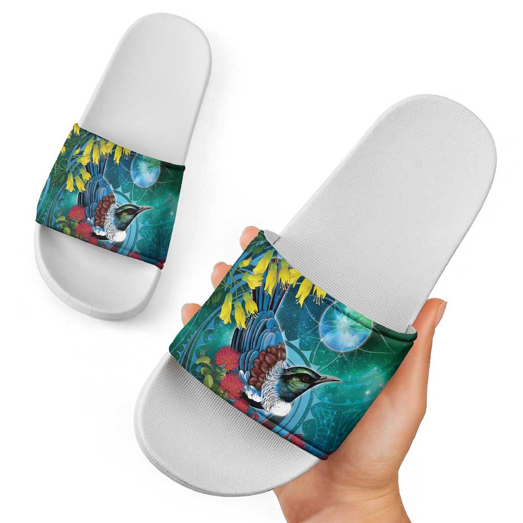 New Zealand Tui Bird Slide Sandals Maori Koru With Pohutukawa Galaxy Style - Polynesian Pride