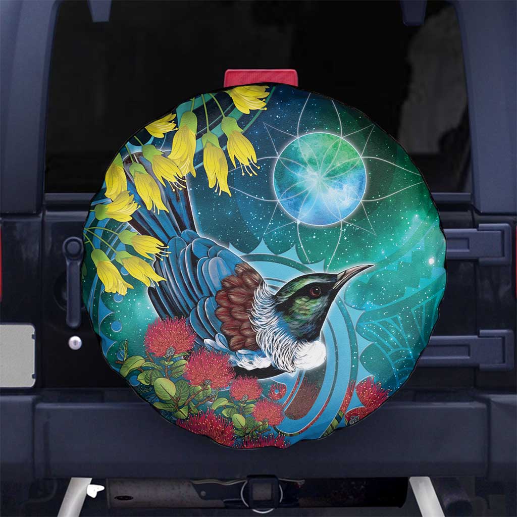 New Zealand Tui Bird Spare Tire Cover Maori Koru With Pohutukawa Galaxy Style LT05 No hole Blue - Polynesian Pride