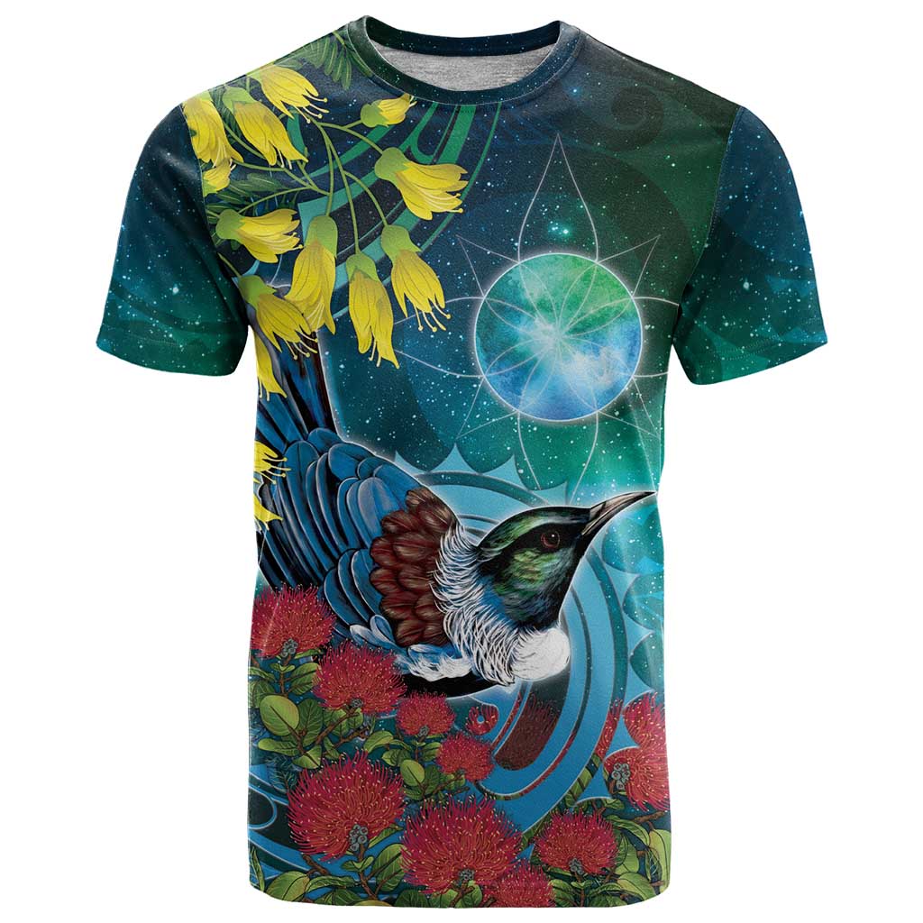 New Zealand Tui Bird T Shirt Maori Koru With Pohutukawa Galaxy Style LT05 Blue - Polynesian Pride