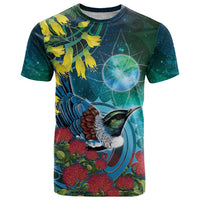 New Zealand Tui Bird T Shirt Maori Koru With Pohutukawa Galaxy Style LT05 Blue - Polynesian Pride