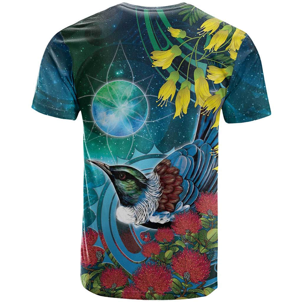 New Zealand Tui Bird T Shirt Maori Koru With Pohutukawa Galaxy Style LT05 - Polynesian Pride