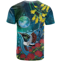 New Zealand Tui Bird T Shirt Maori Koru With Pohutukawa Galaxy Style LT05 - Polynesian Pride
