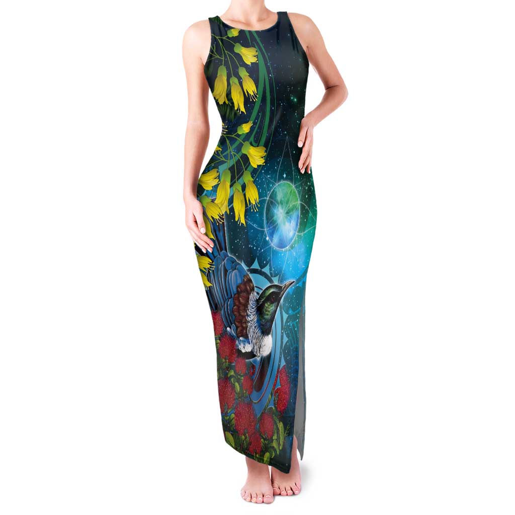 New Zealand Tui Bird Tank Maxi Dress Maori Koru With Pohutukawa Galaxy Style LT05 Women Blue - Polynesian Pride