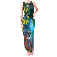 New Zealand Tui Bird Tank Maxi Dress Maori Koru With Pohutukawa Galaxy Style LT05 Women Blue - Polynesian Pride