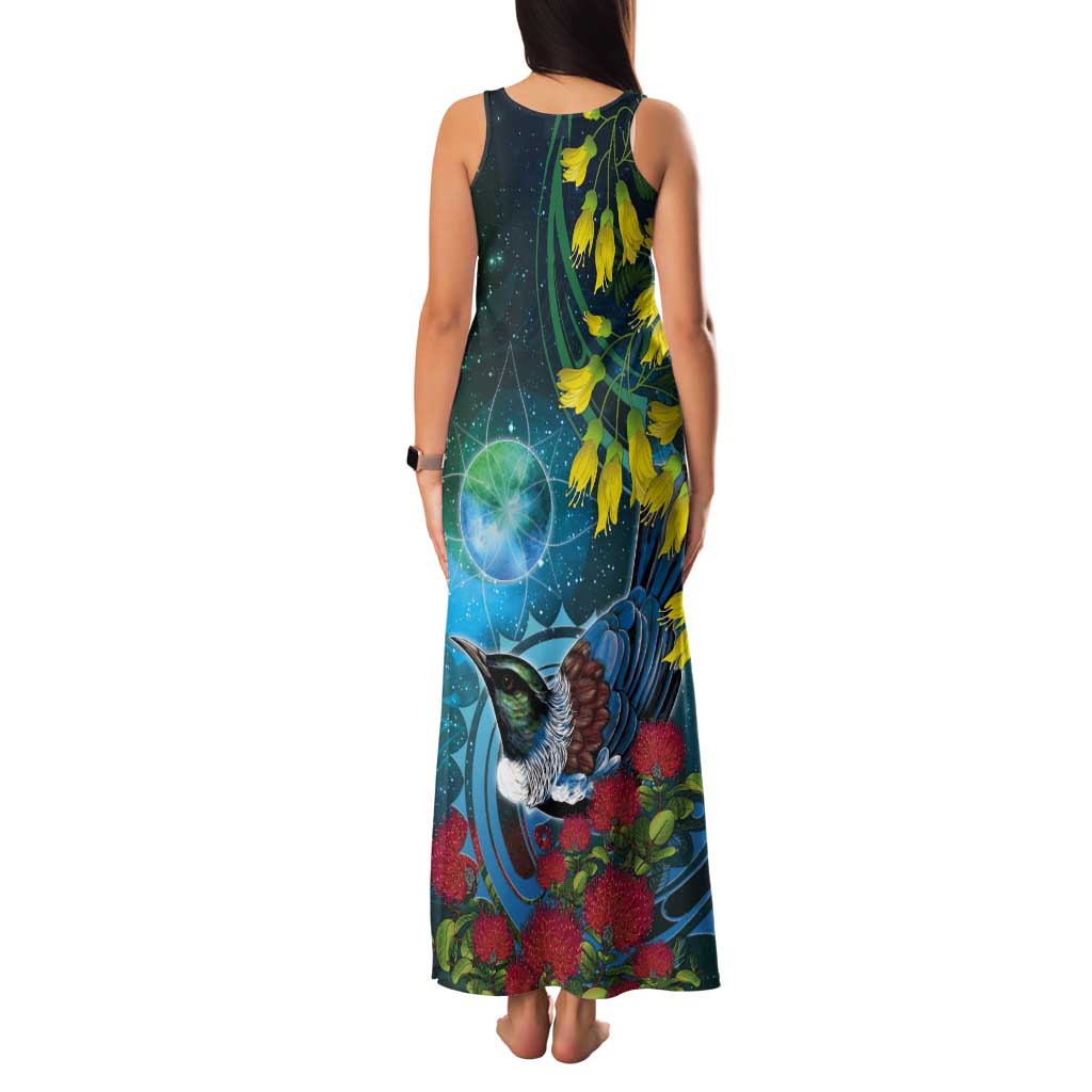 New Zealand Tui Bird Tank Maxi Dress Maori Koru With Pohutukawa Galaxy Style LT05 - Polynesian Pride