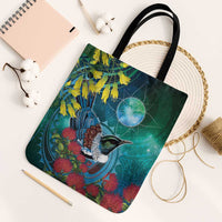 New Zealand Tui Bird Tote Bag Maori Koru With Pohutukawa Galaxy Style LT05 Black Strap One Size Blue - Polynesian Pride