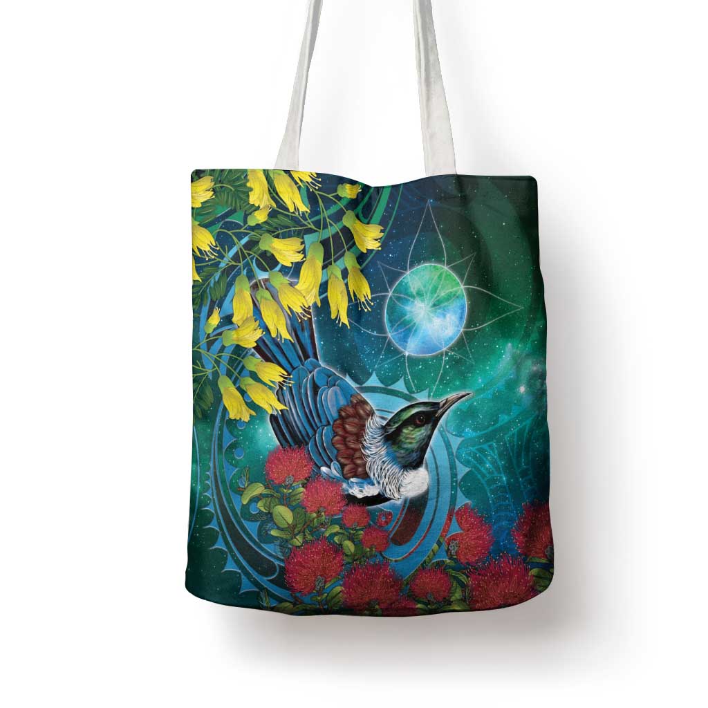 New Zealand Tui Bird Tote Bag Maori Koru With Pohutukawa Galaxy Style LT05 - Polynesian Pride