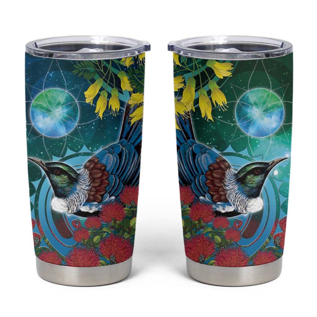 New Zealand Tui Bird Tumbler Cup Maori Koru With Pohutukawa Galaxy Style LT05 Blue - Polynesian Pride
