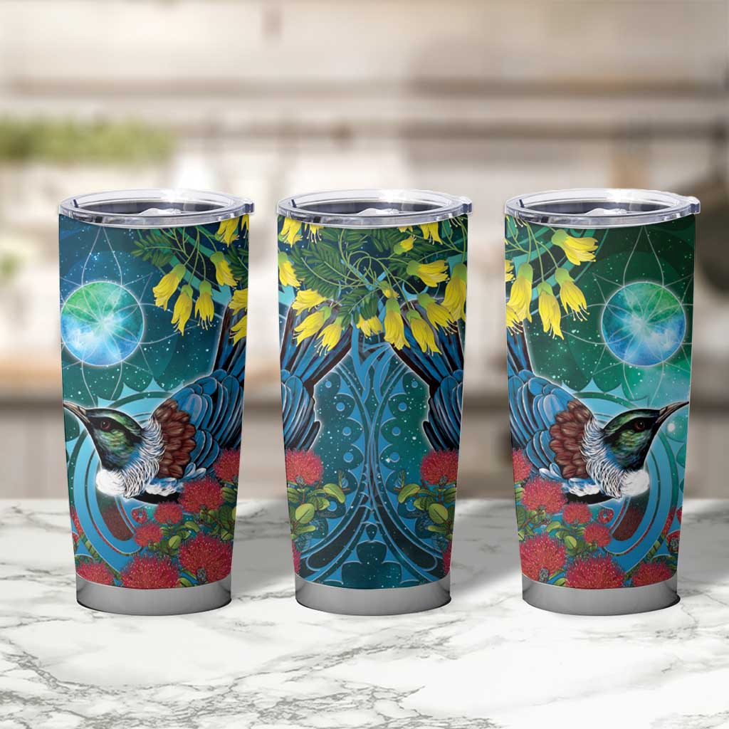New Zealand Tui Bird Tumbler Cup Maori Koru With Pohutukawa Galaxy Style LT05 - Polynesian Pride