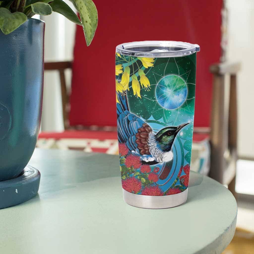New Zealand Tui Bird Tumbler Cup Maori Koru With Pohutukawa Galaxy Style LT05 - Polynesian Pride